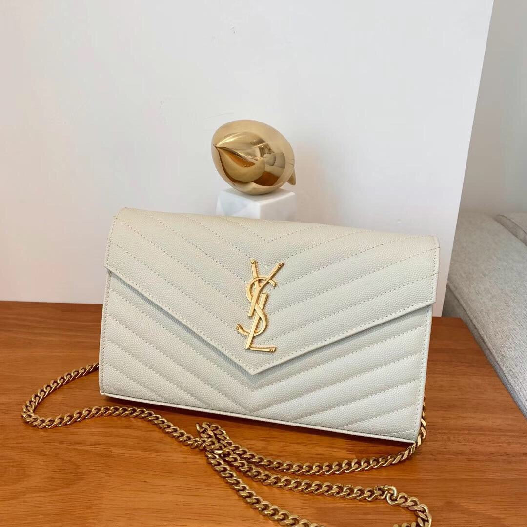 YSL Woc in white  Ysl wallet on chain, Ysl envelope bag, Handbag